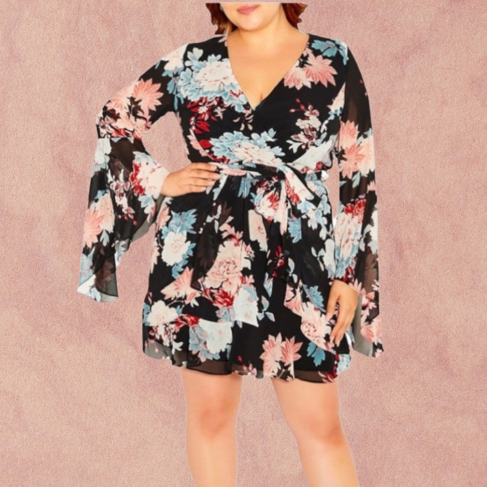 City Chic Summer Flirt Black Wrap Mini Dress Sheer Kimono Sleeves L (20W) NWT